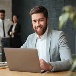 Man on computer thumbnail with a headline text